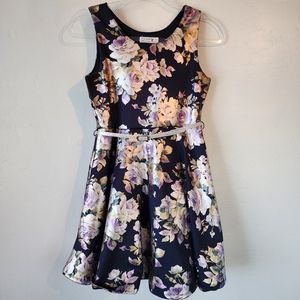 KnitWorks Girls Floral lined dress w/silver belt Sz 14 navy blue holiday formal